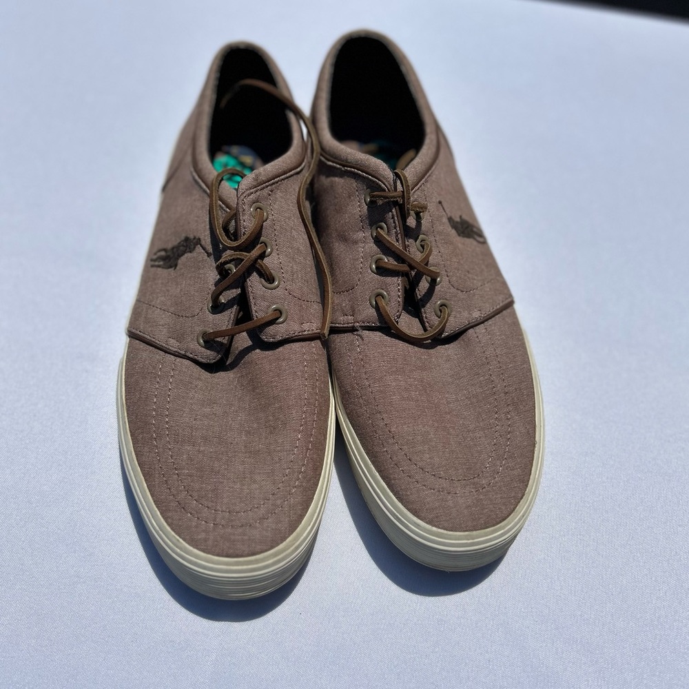 MEN’S POLO RALPH LAUREN brand new sneakers brown canvas,  white bottom s…